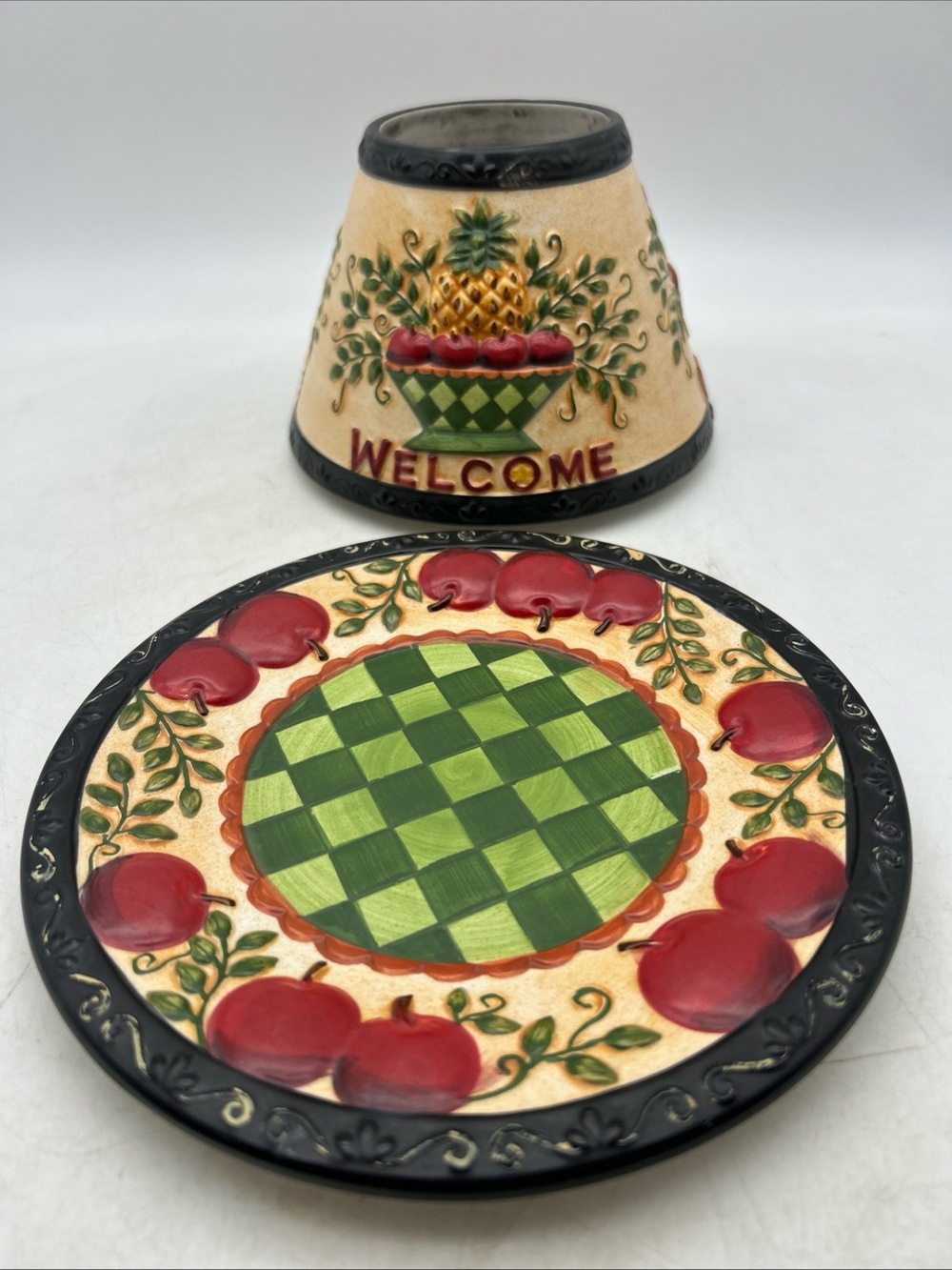Vtg Yankee Large Candle Plate & Shade Welcome With Apples & Pineapple(Read Desc)